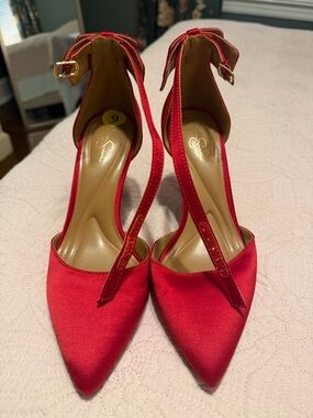 Jessica Simpson Red Satin Pointed Toe Ankle-Strap Heels